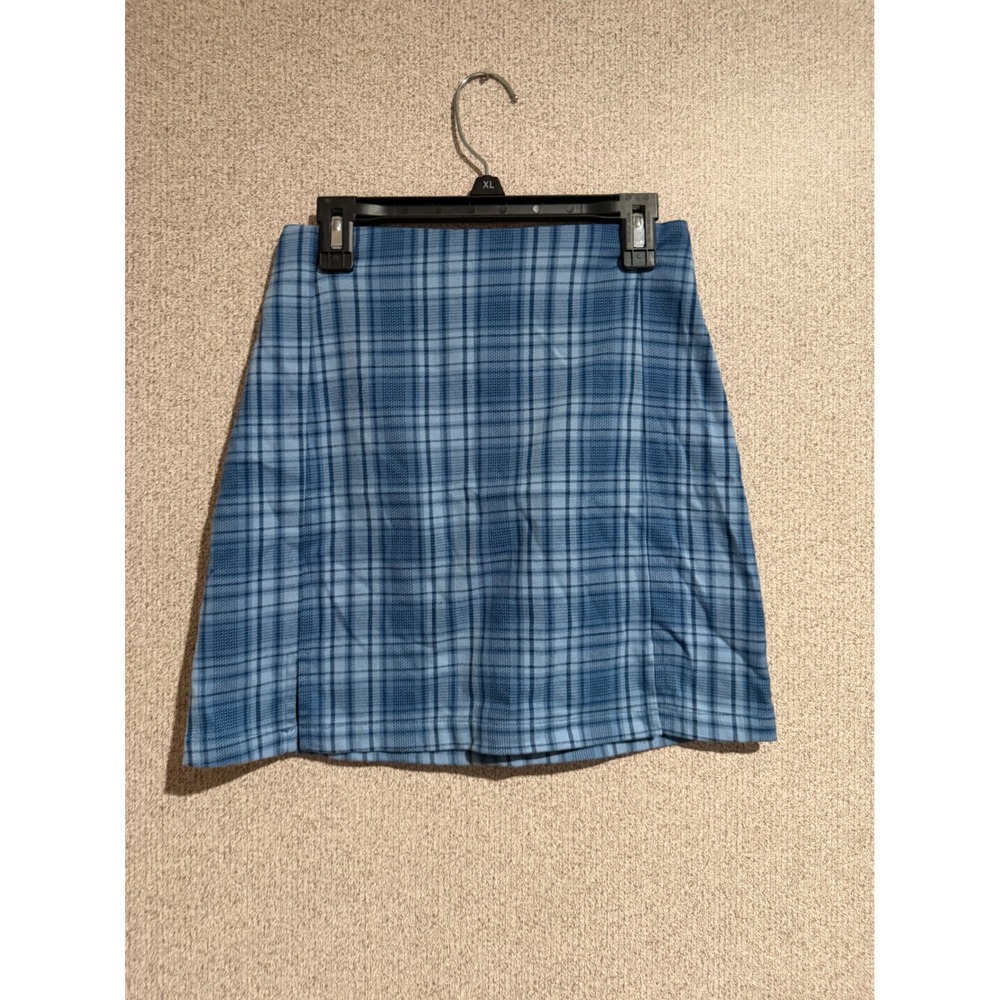 John Galt California Blue Plaid Mini Skirt High Waisted Side Slit Size XL
